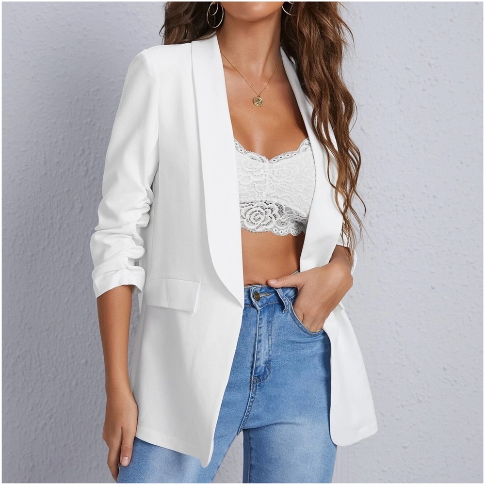 Classic Ruched 1/2 Sleeve Open Front Blazer - Picture 4 of 12